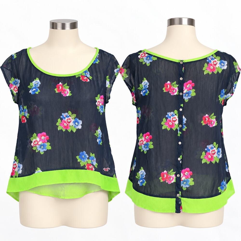 Hollister Navy Floral Sheer Blouse Women's Medium M Neon Green Trim